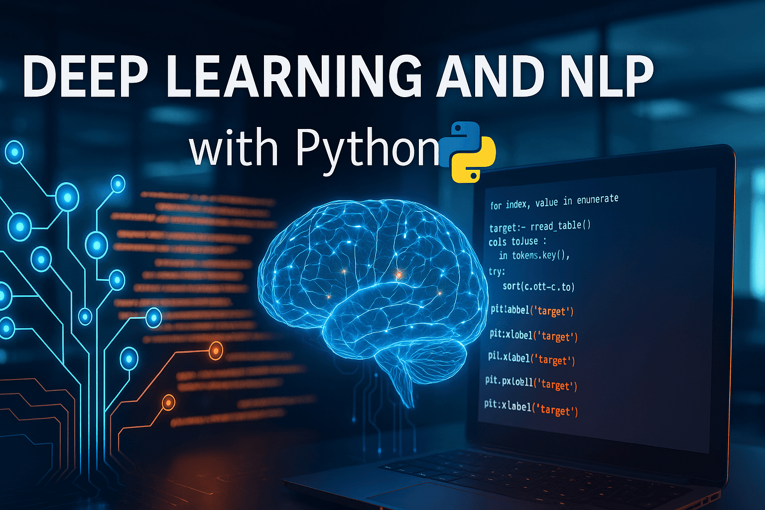 Deep learning and NLP with Python course illustration showing AI brain, neural networks and language data visuals