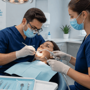 Dental assistant course training session with student assisting dentist in modern clinic setting