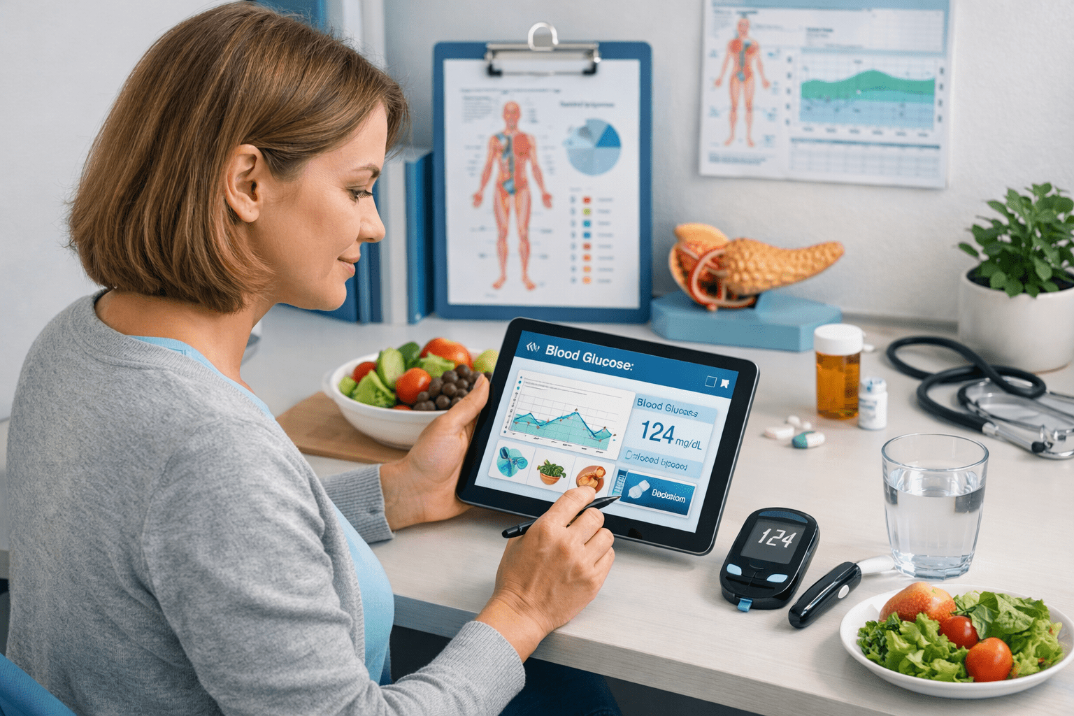 Professional diabetes management course showing blood sugar tracking and healthy lifestyle learning