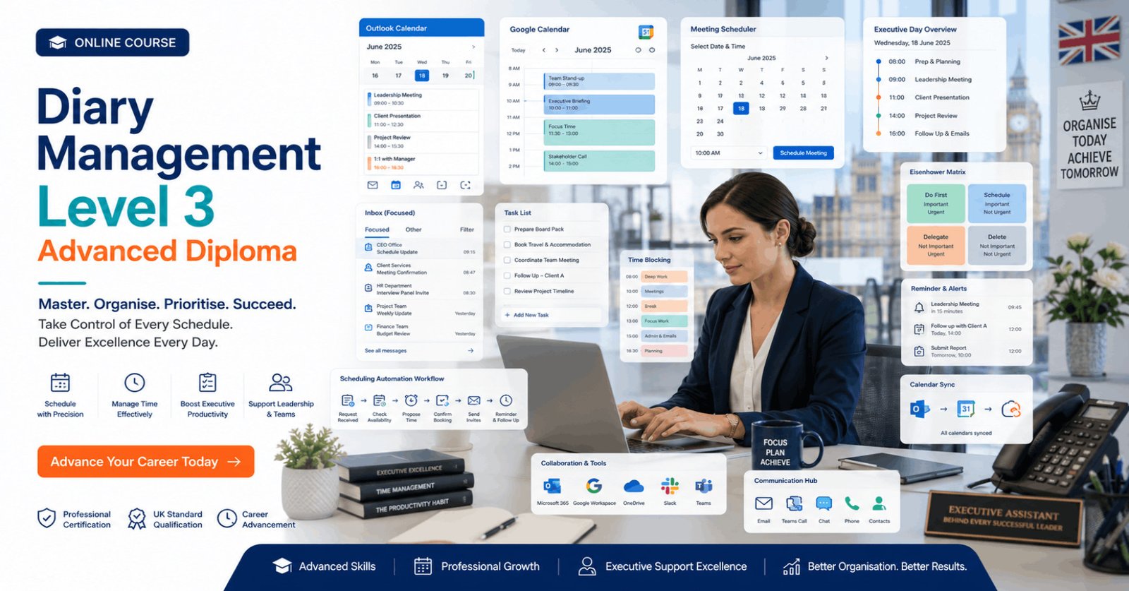 Professional Diary Management Diploma course featuring executive scheduling, digital calendars, meetings, and productivity tools.