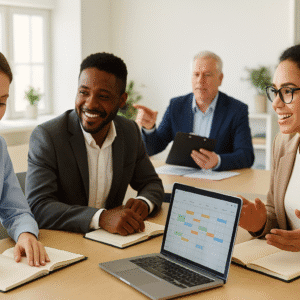 Professional office scene showing diary management training with calendars, laptops, and scheduling tools.