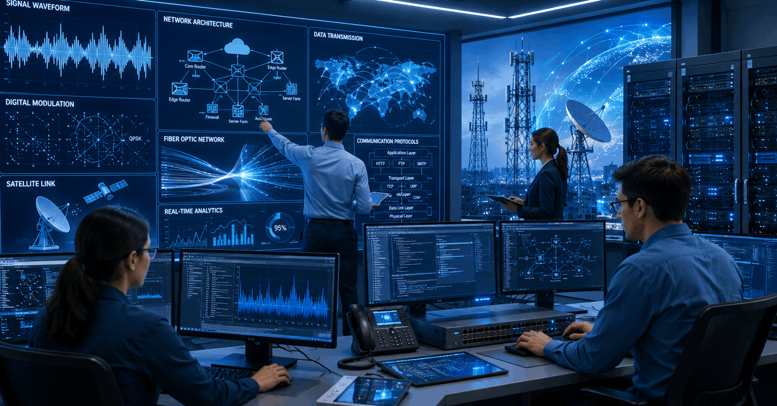 Engineer analysing Digital Communication Systems with network signals, protocols, and digital communication technology
