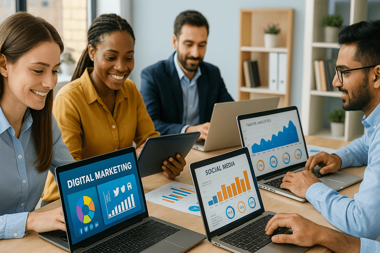 students learning digital marketing course online using laptops and charts