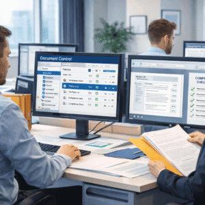 Document control course showing professionals managing digital files, version tracking and compliance documents on a computer system
