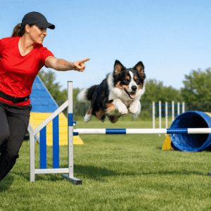 A trainer guiding a dog through agility obstacles during dog agility training in a modern outdoor learning environment