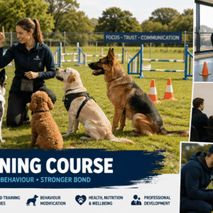 Professional trainer working with dogs during a Dog Training Course focused on behaviour and obedience