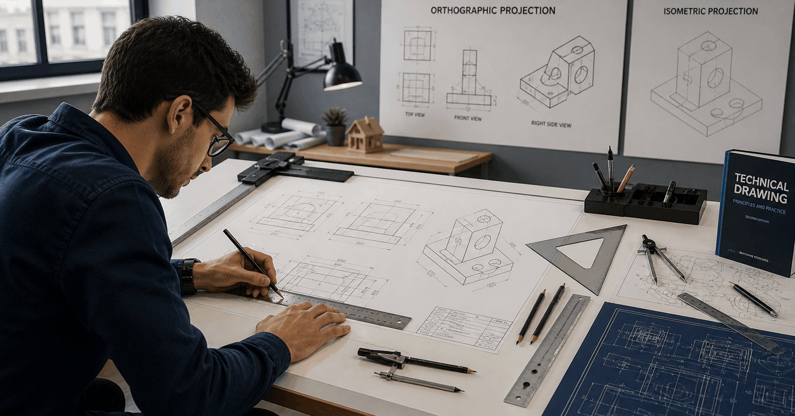 Draughtsmanship course showing technical drawing tools, sketches, and drafting workspace setup