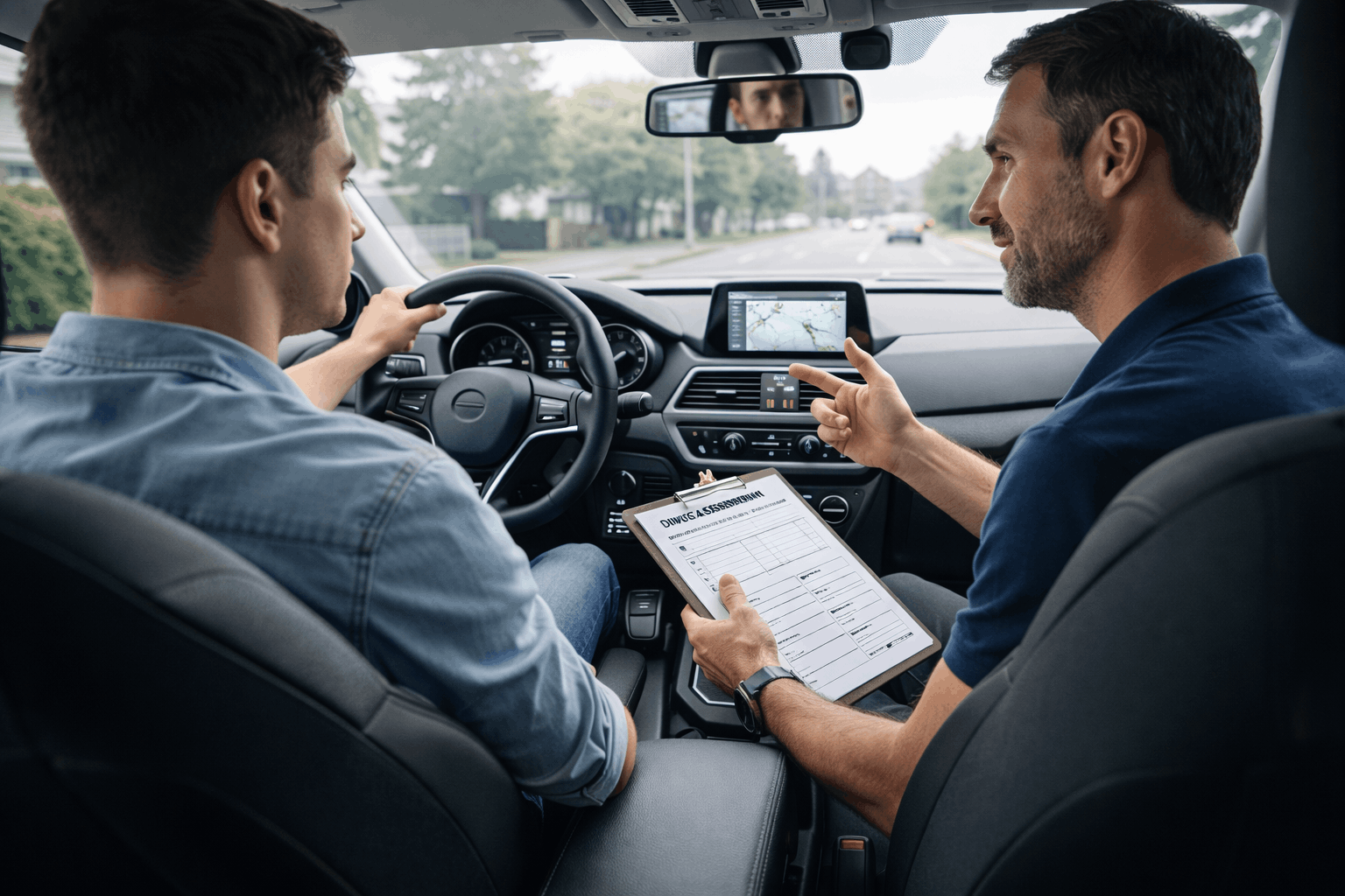 Professional driving lesson scene illustrating skills taught in a driving instructor course, including coaching and assessment.