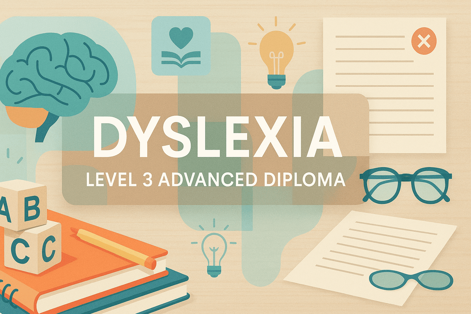 Dyslexia Diploma banner showing brain graphics, learning tools and supportive teaching symbols in a calm educational setting.