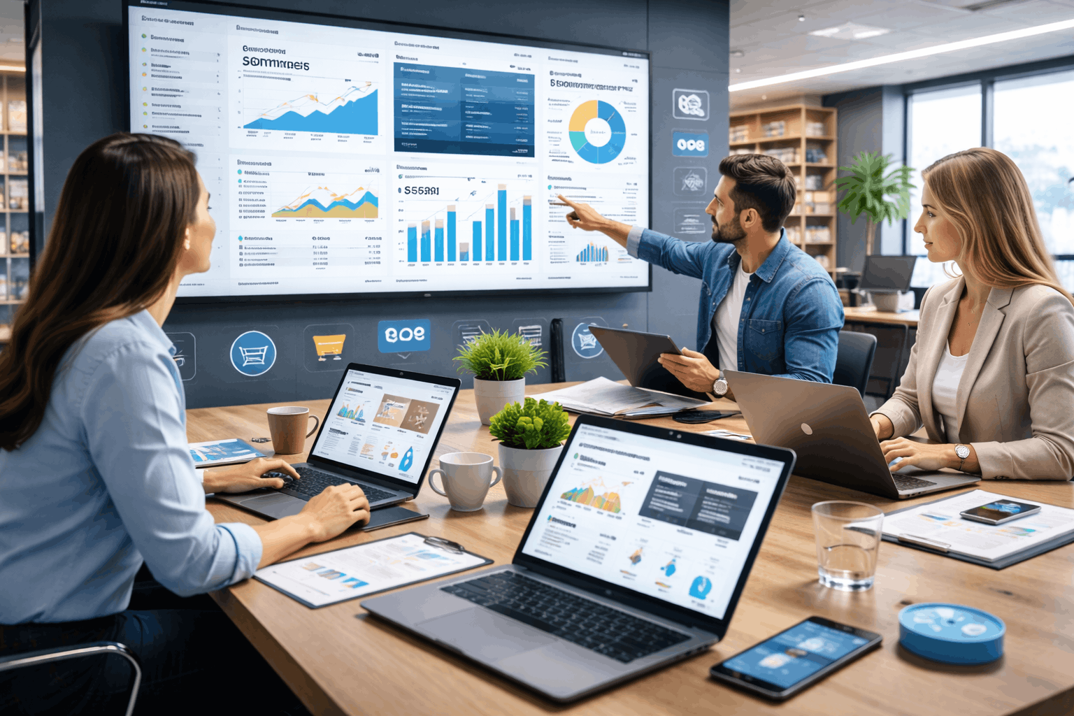 E-commerce course showing professionals managing online stores, analytics dashboards, payments, and digital marketing tools