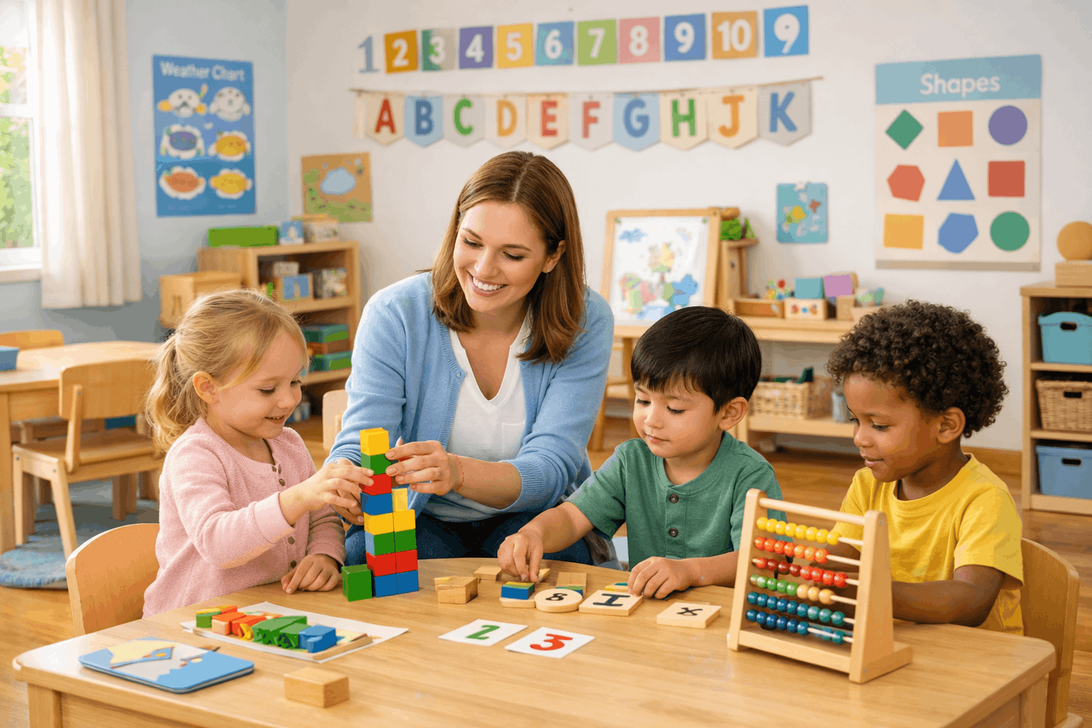 Professional early years classroom showing childcare training for Early Years Educator Level 3 with EYFS learning activities.
