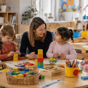 Early Years Foundation Stage teacher supporting young children in a bright UK early learning classroom