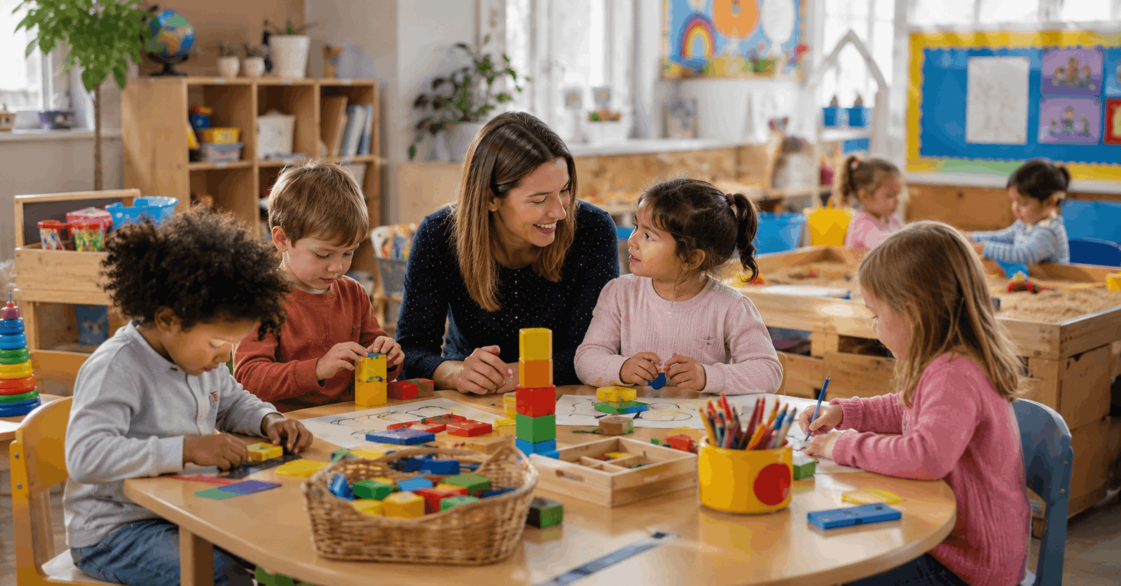 Early Years Foundation Stage teacher supporting young children in a bright UK early learning classroom