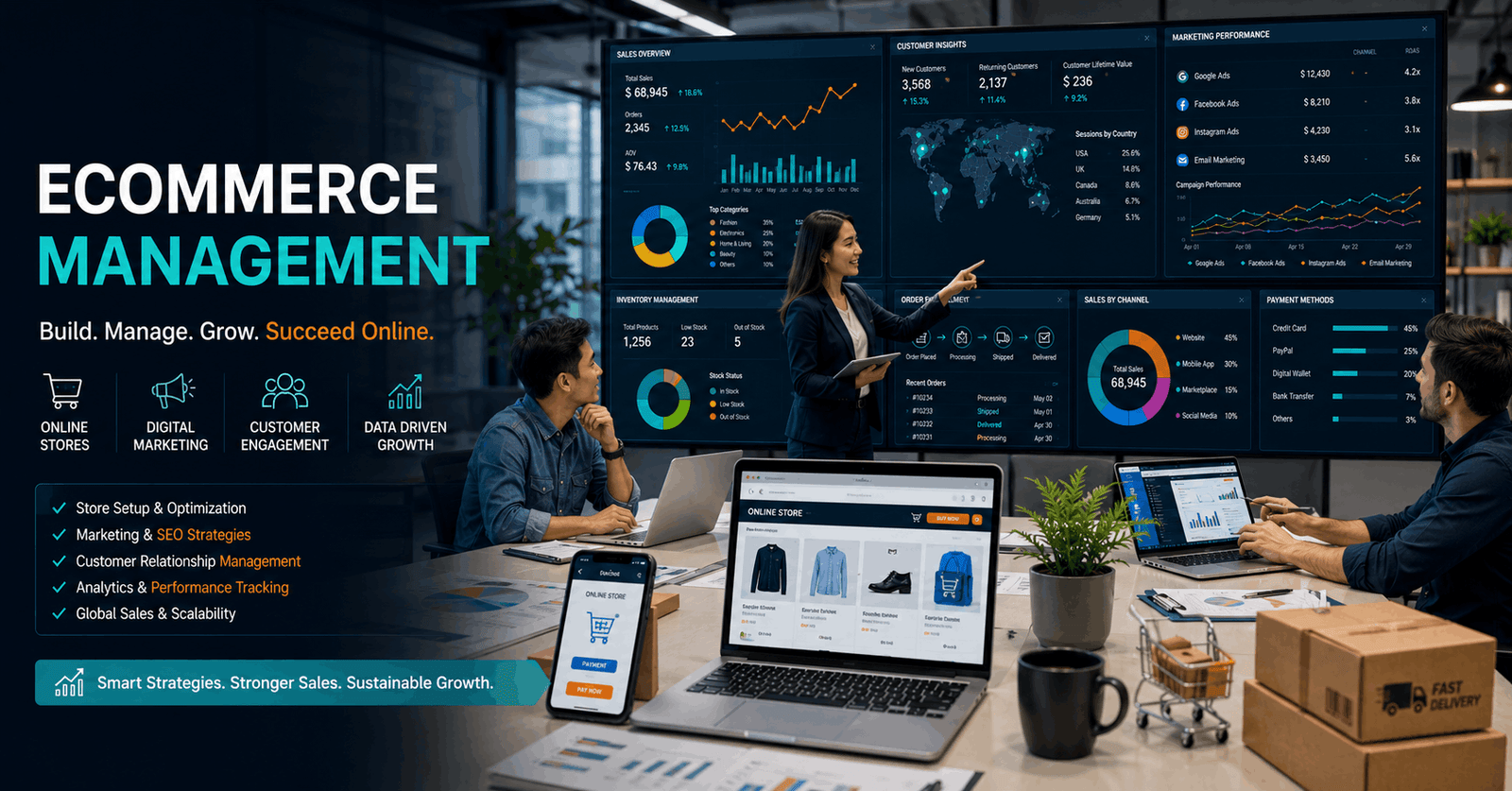 Professionals managing online stores and digital sales strategies in eCommerce Management training