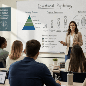 Educational psychology course showing classroom learning, student interaction, and cognitive development concepts