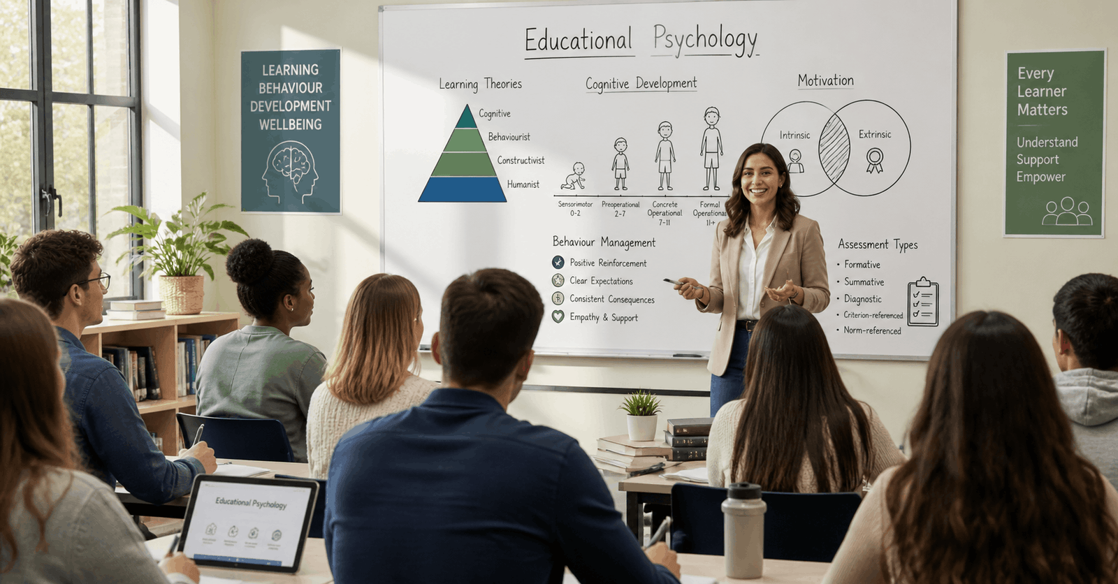 Educational psychology course showing classroom learning, student interaction, and cognitive development concepts