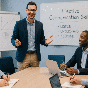 Professionals learning effective communication skills in a modern office training setting