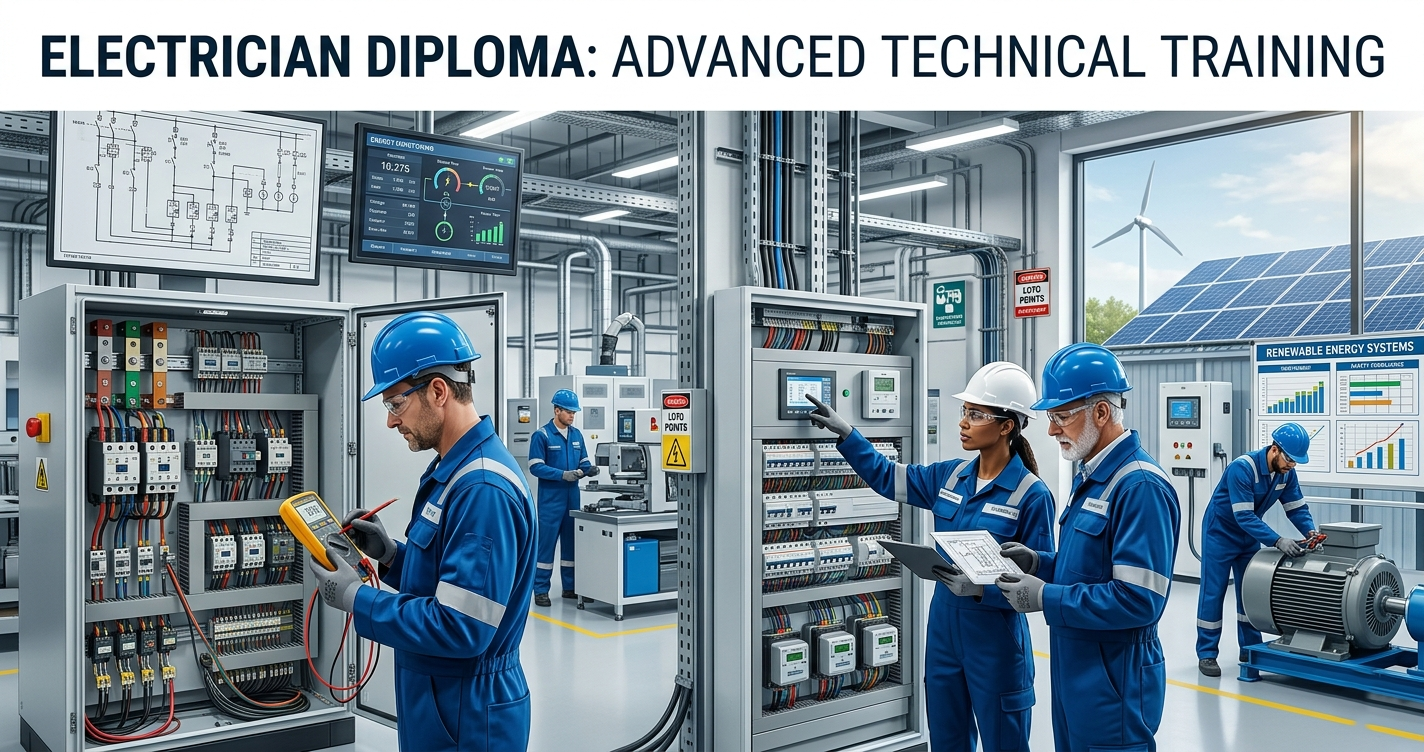 Electrician Diploma learners performing advanced electrical installations, testing, and renewable energy work