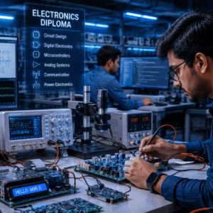 Student engineer working on electronic circuits and microcontrollers in an Electronics Diploma training environment
