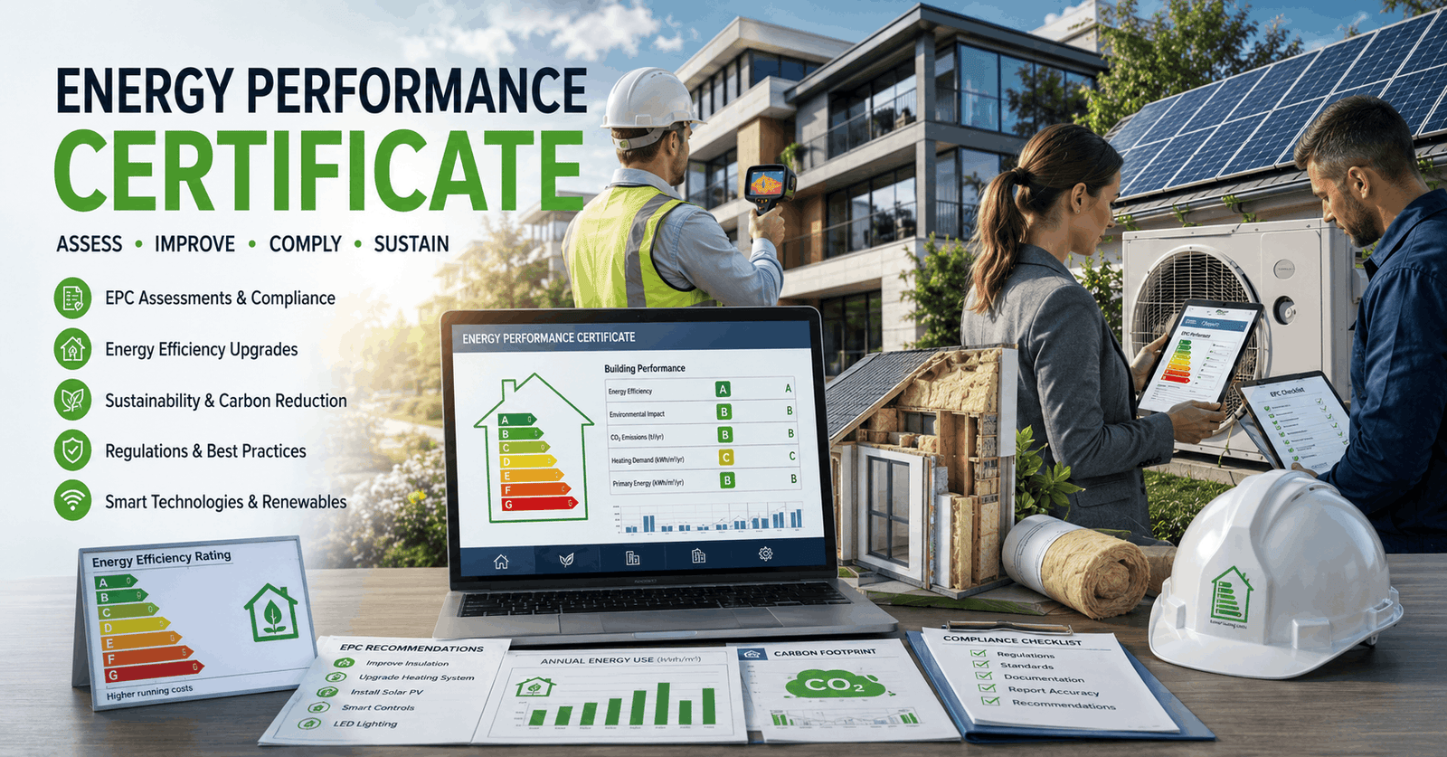 Energy assessor conducting an Energy Performance Certificate evaluation on a modern building