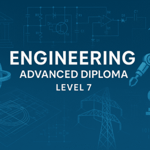 Engineering Advanced Diploma Level 7 banner showing CAD models, circuits, structures, robotics, and modern engineering graphics.