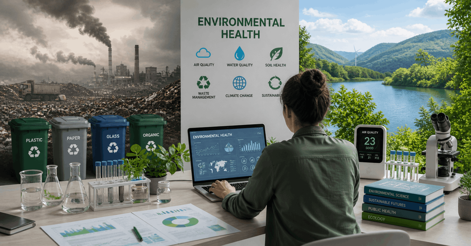 Environmental health course showing pollution control, clean water, recycling and sustainability concepts