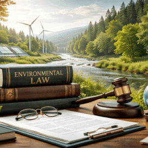 Environmental law and conservation course showing nature protection, legal documents, and sustainable development concepts