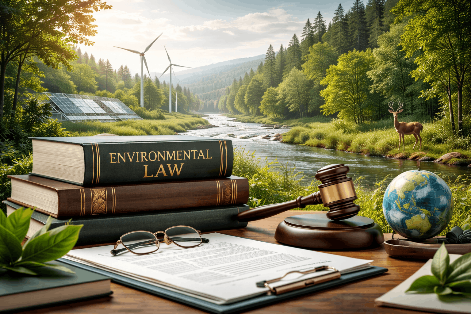 Environmental law and conservation course showing nature protection, legal documents, and sustainable development concepts