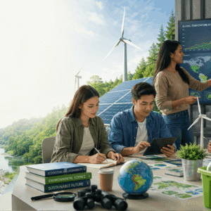 Students studying ecosystems, climate change, and sustainability in an Environmental Science Course