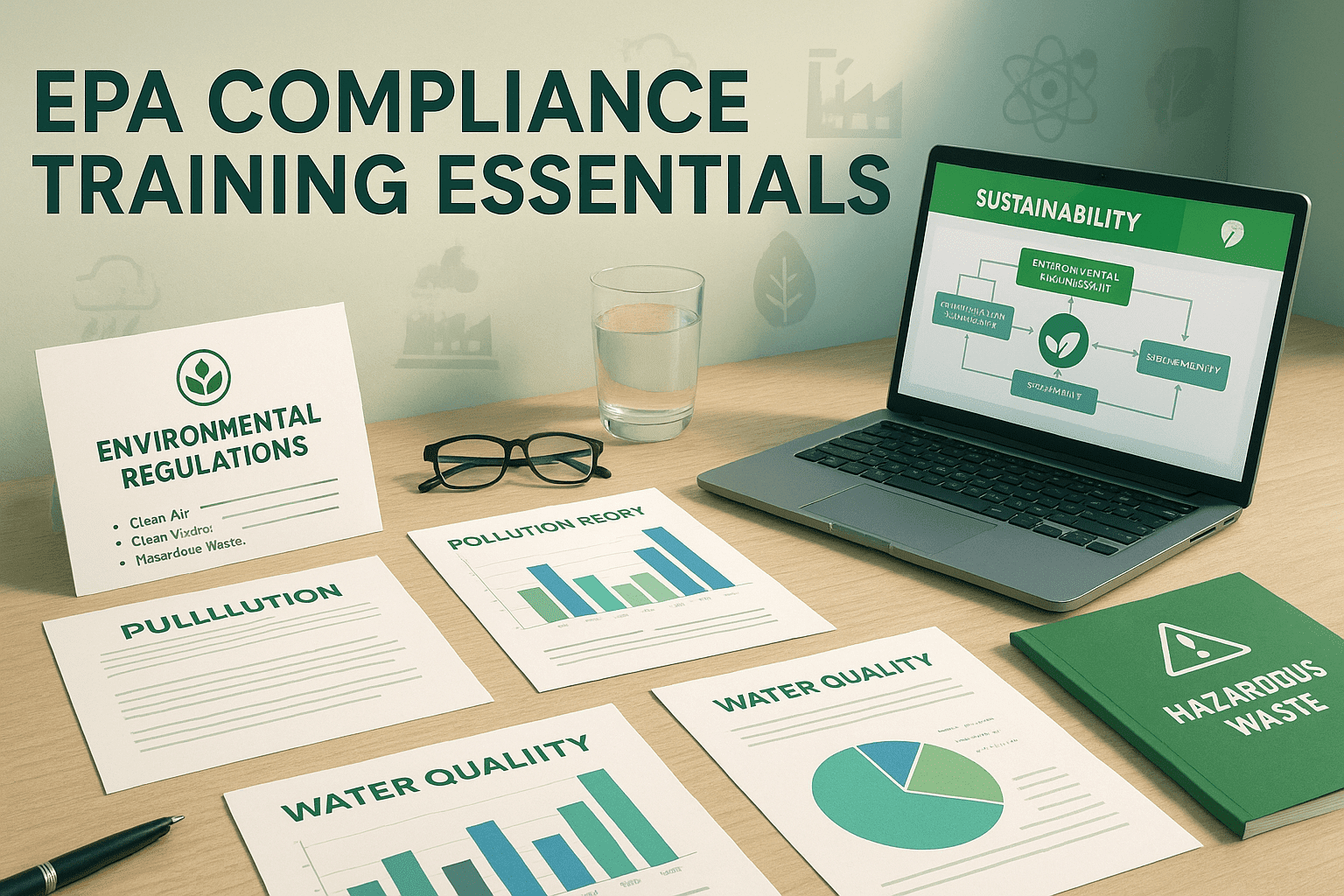 EPA compliance workspace with environmental reports, regulatory documents, pollution charts, and sustainable practice visuals for EPA Compliance Training Essentials.