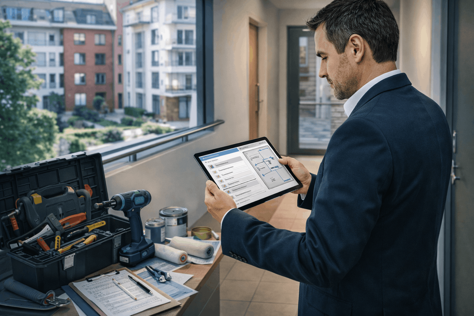 Estate manager inspecting UK residential property, reviewing maintenance plans, tools, and compliance documents in a professional setting.