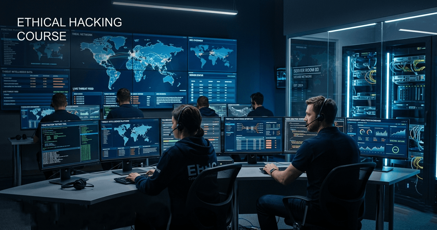 Ethical Hacking Course showing cybersecurity analyst using penetration testing and network security tools