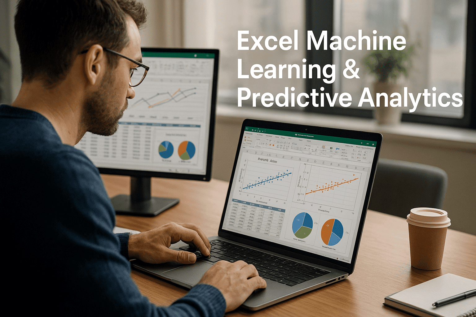 Analyst working on Excel Machine Learning predictive analytics dashboard with charts and regression models