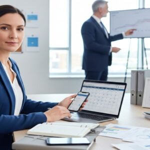 Executive assistant training showing a professional assistant managing schedules, emails and documents in a modern office
