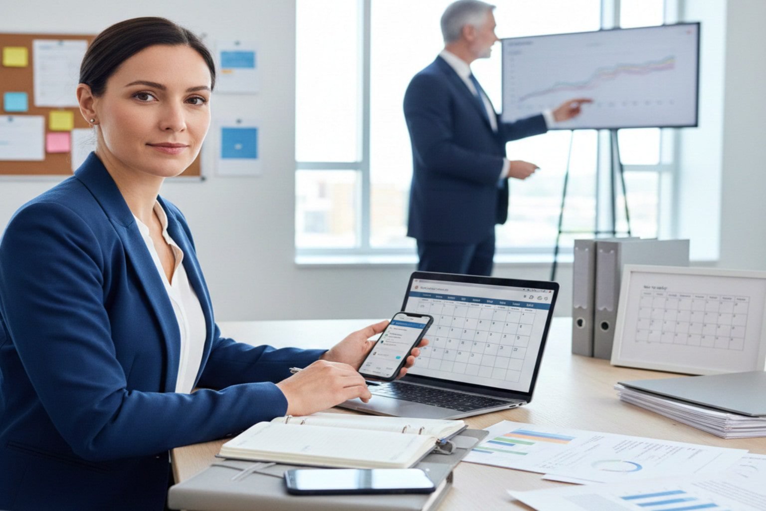 Executive assistant training showing a professional assistant managing schedules, emails and documents in a modern office