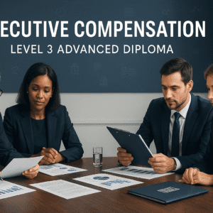 Executive compensation course banner showing business leaders reviewing pay strategy charts and governance reports.