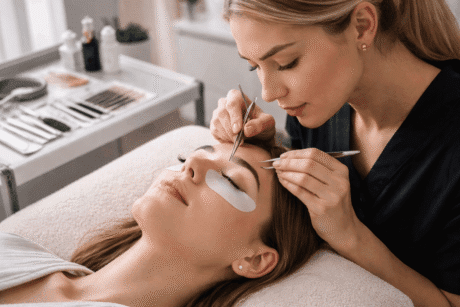 Beauty professional applying individual lashes during eyelash extension training in a modern salon setting.