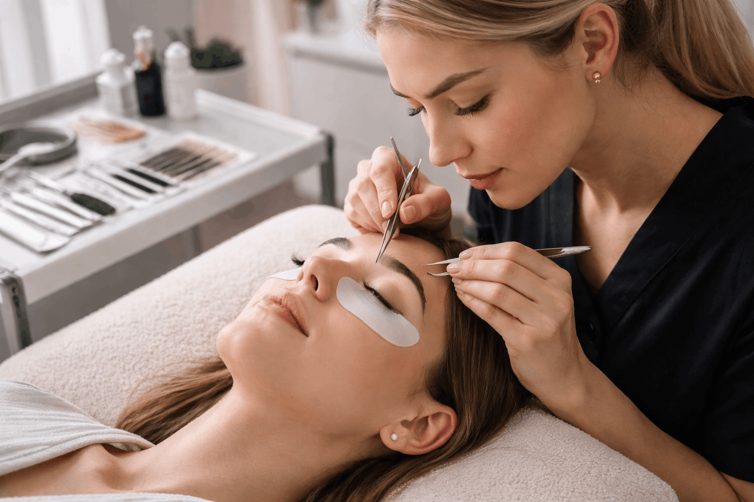 Beauty professional applying individual lashes during eyelash extension training in a modern salon setting.