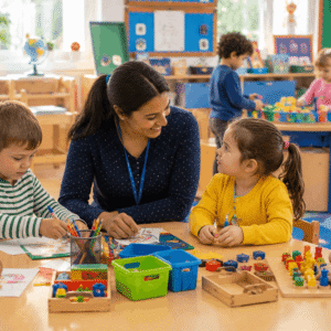 EYFS Teaching Assistant supporting young children during learning activities in a modern early years classroom
