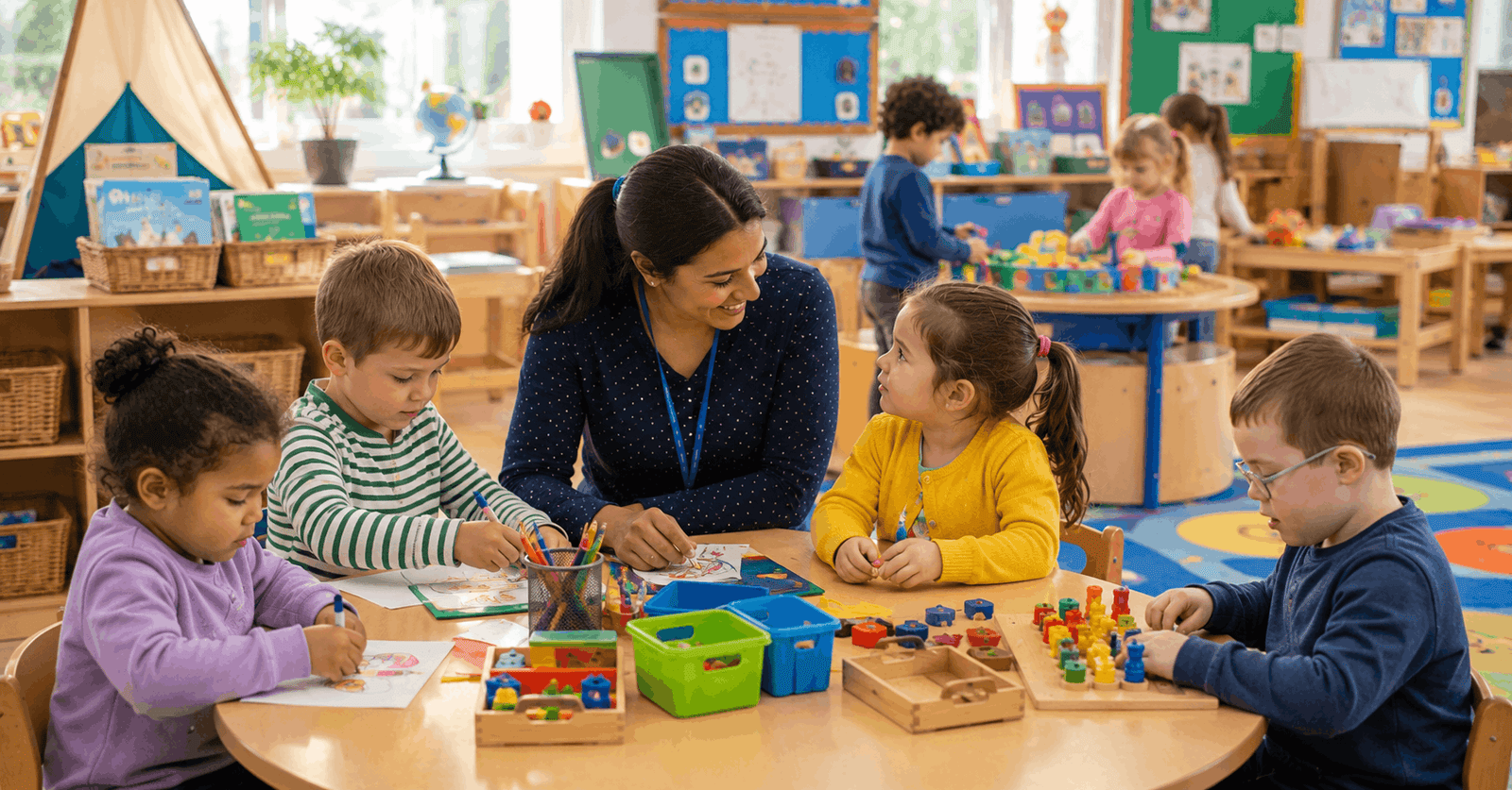 EYFS Teaching Assistant supporting young children during learning activities in a modern early years classroom