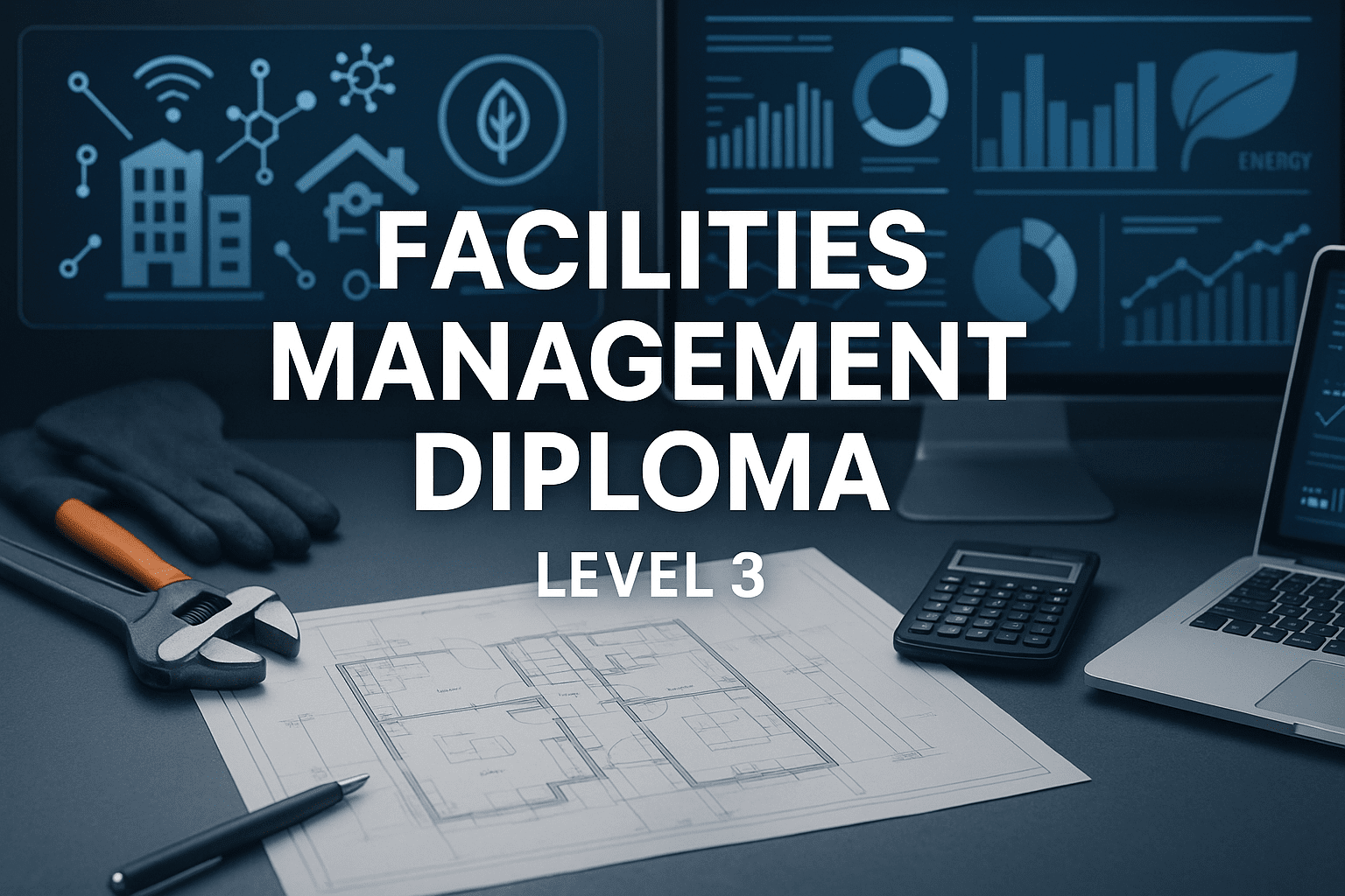 Professional workspace showing facility plans, maintenance tools, and dashboards for Facilities Management Diploma Level 3.