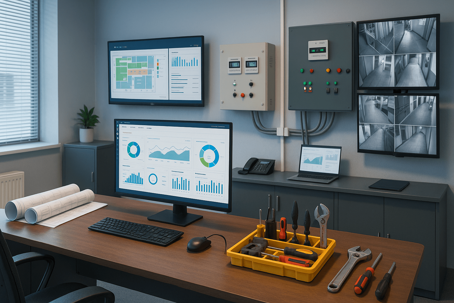 Modern facilities management diploma scene with control screens, workstations and tools, representing advanced FM training.