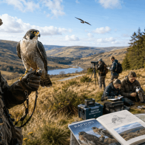 Falconer working with a trained raptor during Falconry Conservation activities supporting wildlife protection