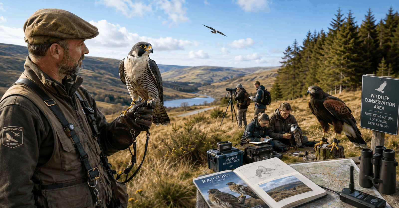 Falconer working with a trained raptor during Falconry Conservation activities supporting wildlife protection
