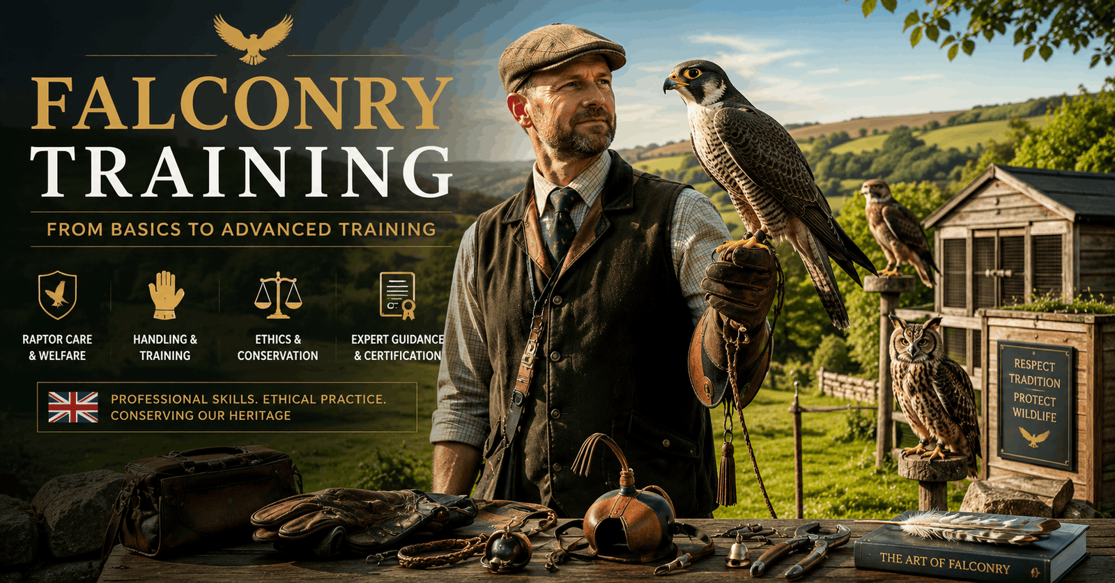 Experienced falconer training a bird of prey during Falconry Training in a natural countryside setting