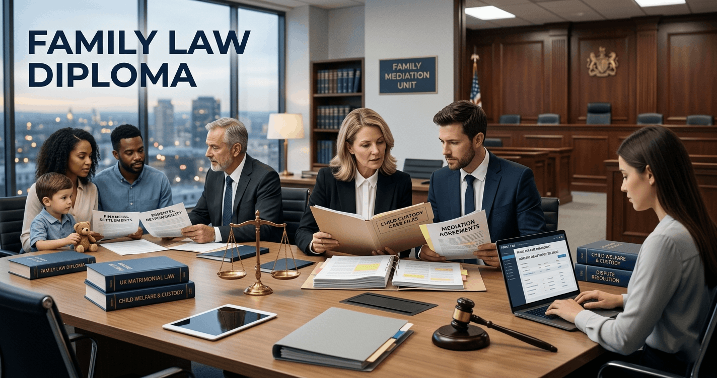 Professional legal learning environment featuring Family Law Diploma topics including child custody and family legal matters