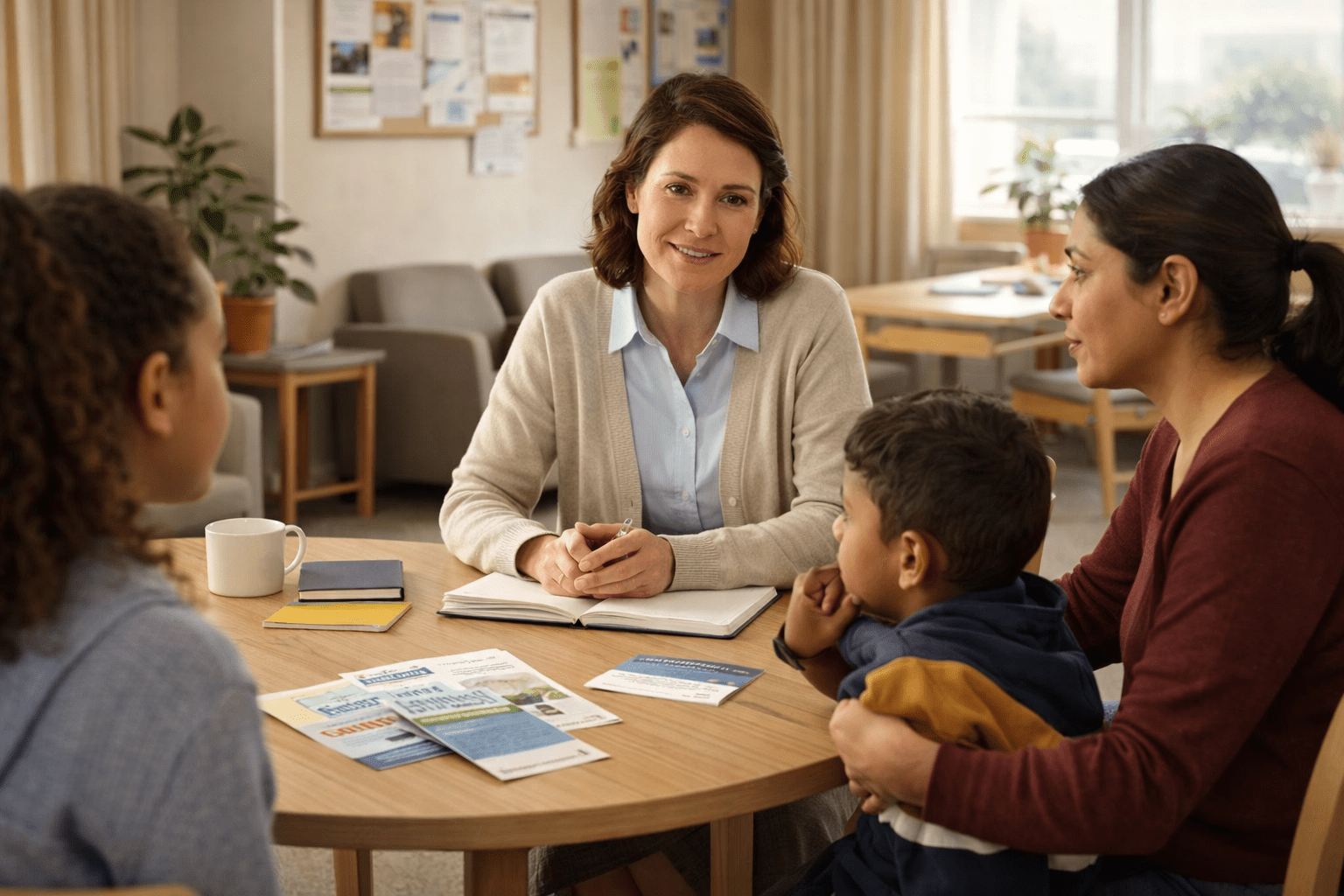 Family Support Worker speaking with parents and children in a safeguarding and support setting