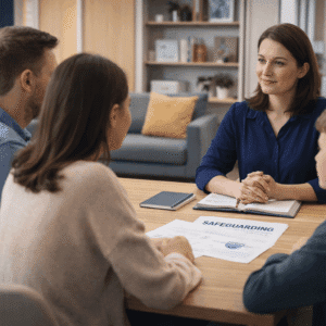 Family welfare assistant training showing supportive discussion, safeguarding awareness, and professional family support work