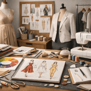 Fashion design course showing dress sketches, fabric samples, sewing tools, and a modern fashion design workspace