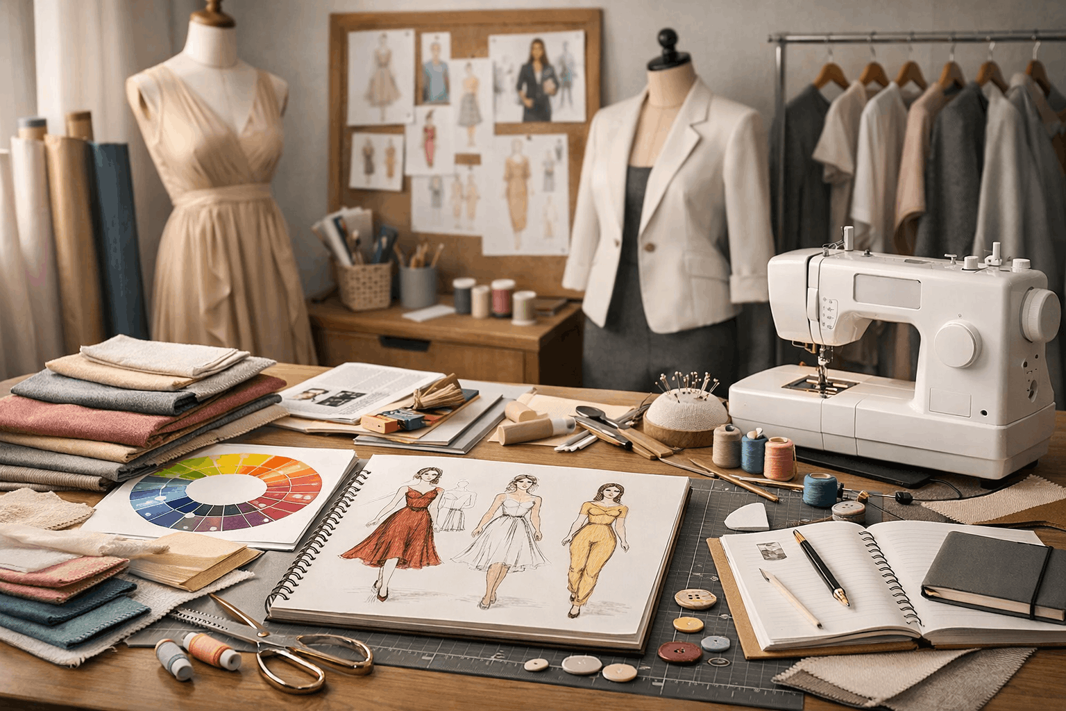 Fashion design course showing dress sketches, fabric samples, sewing tools, and a modern fashion design workspace